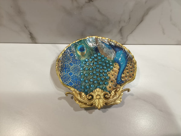 Peacock Feather Jeweled Scallop Shell Art Dish with Gold Stand