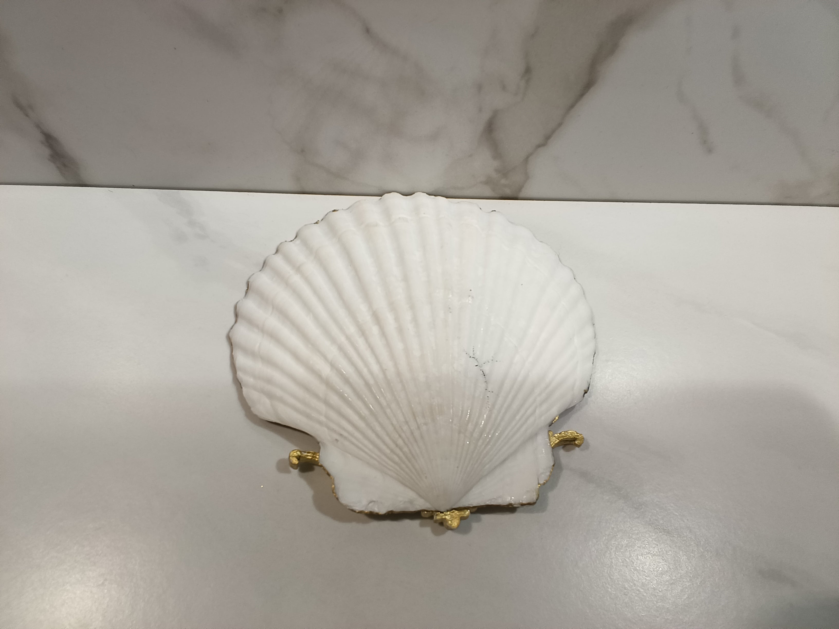 Peacock Feather Jeweled Scallop Shell Art Dish with Gold Stand