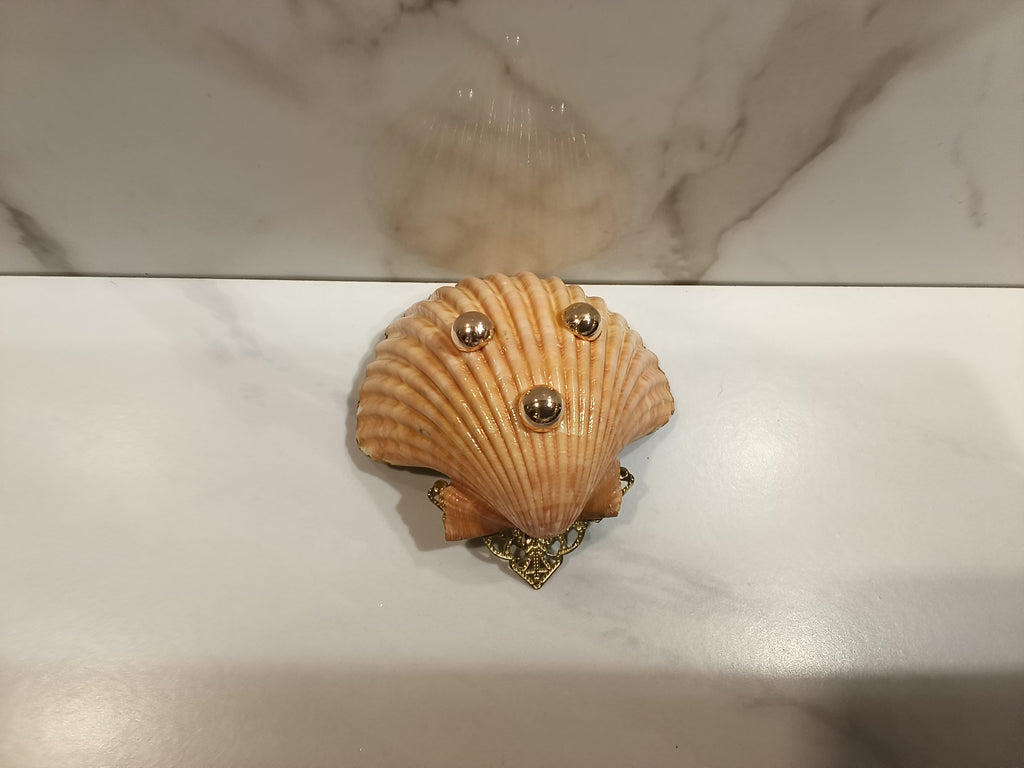 Yellow Tulip Scallop Shell Art Dish with Gold Filigree Stand