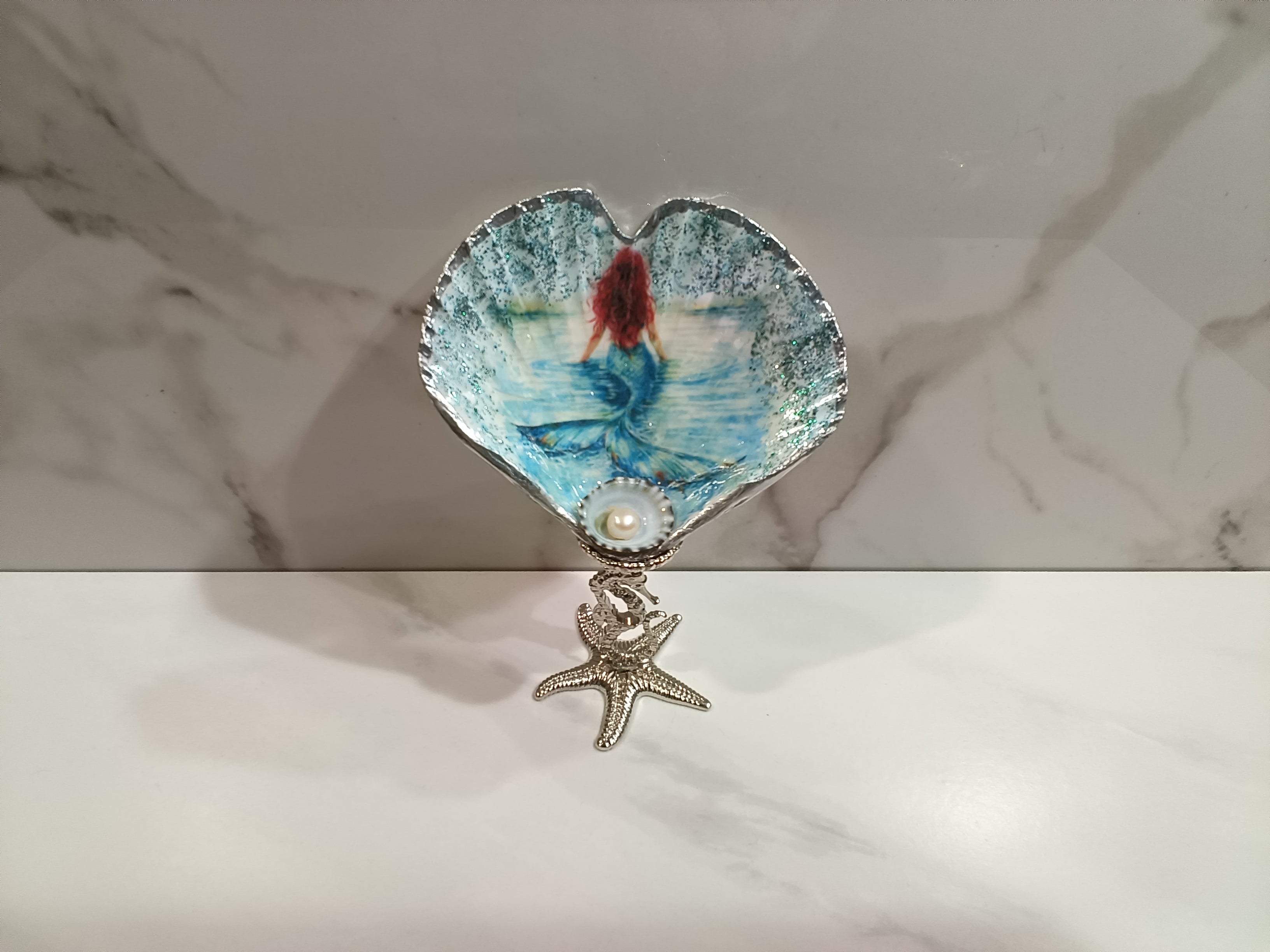 Mermaid Heart Shell Art Dish with Silver Starfish Stand