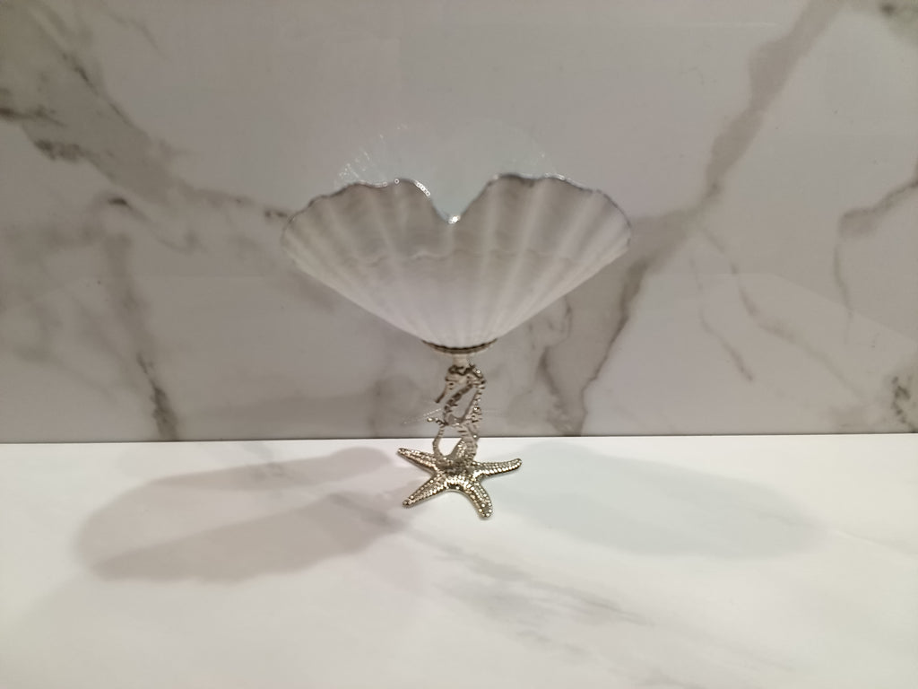 Mermaid Heart Shell Art Dish with Silver Starfish Stand