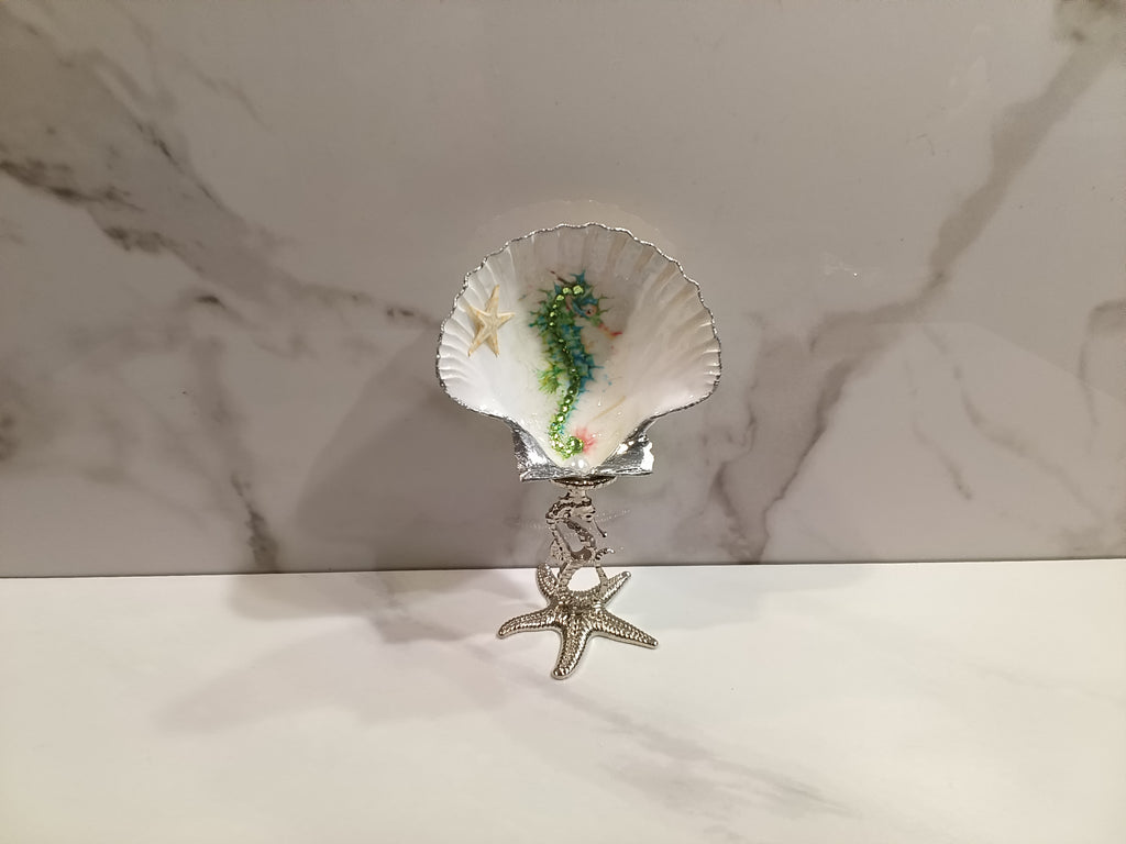 Seahorse & Starfish Scallop Shell Art Dish with Silver Starfish Stand