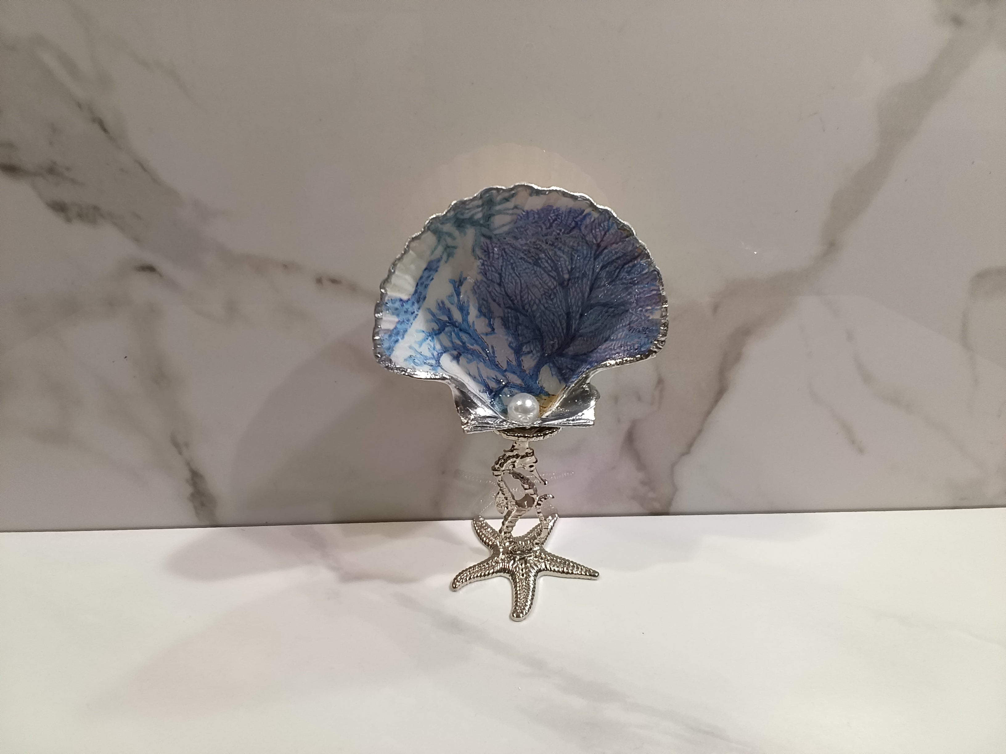 Blue Marble Ink Scallop Shell Art Dish with Silver Starfish Stand