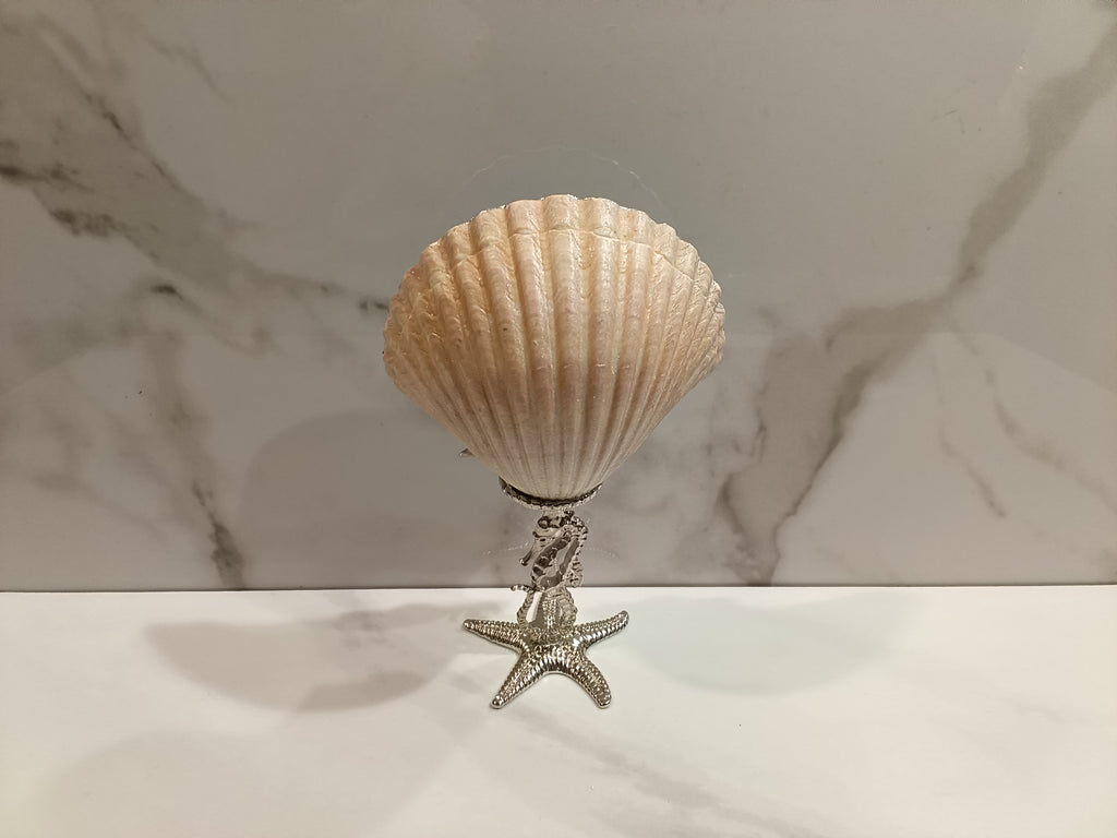 Seahorse & Starfish Scallop Shell Art Dish with Silver Starfish Stand
