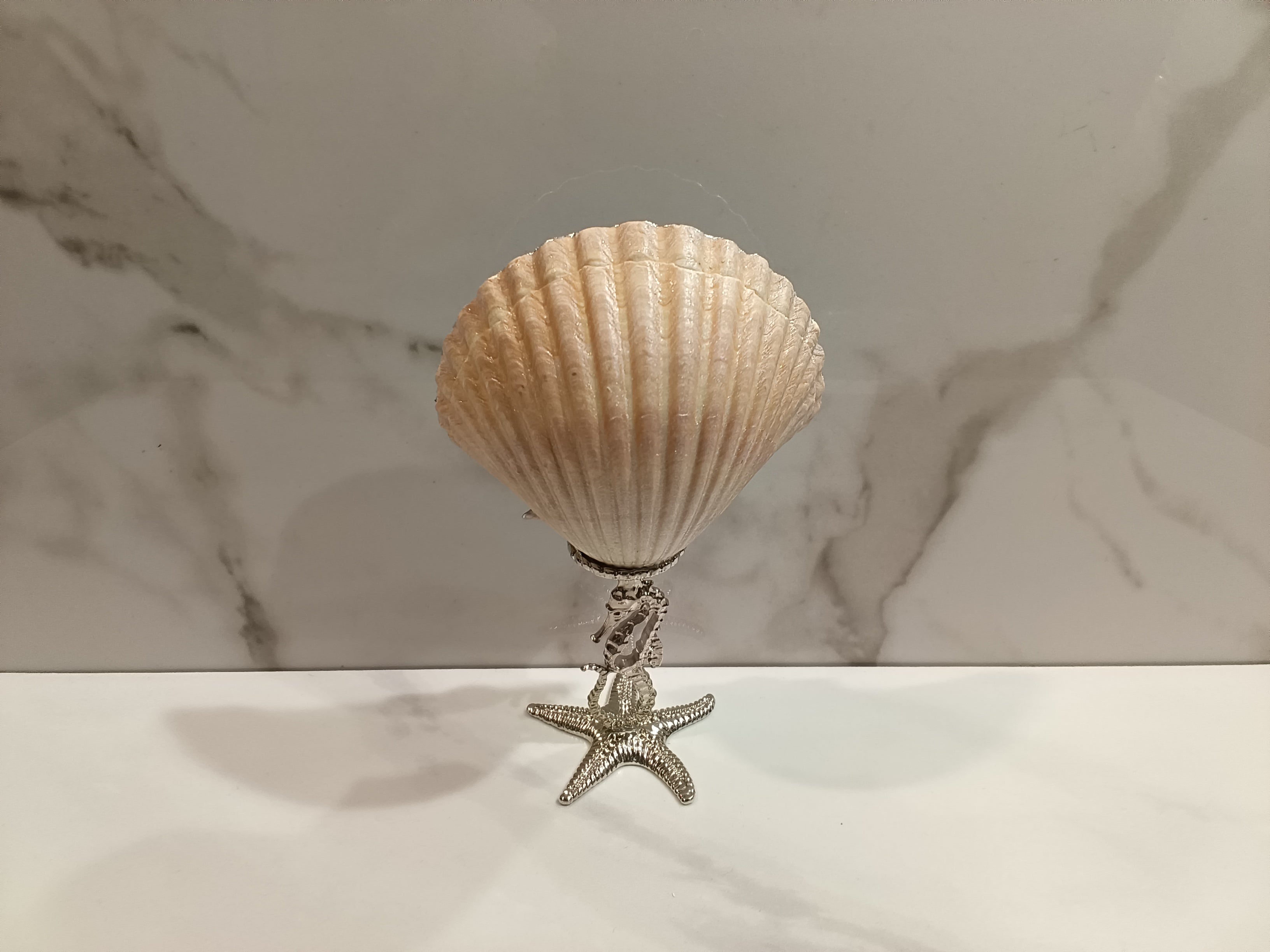 Seahorse & Starfish Scallop Shell Art Dish with Silver Starfish Stand