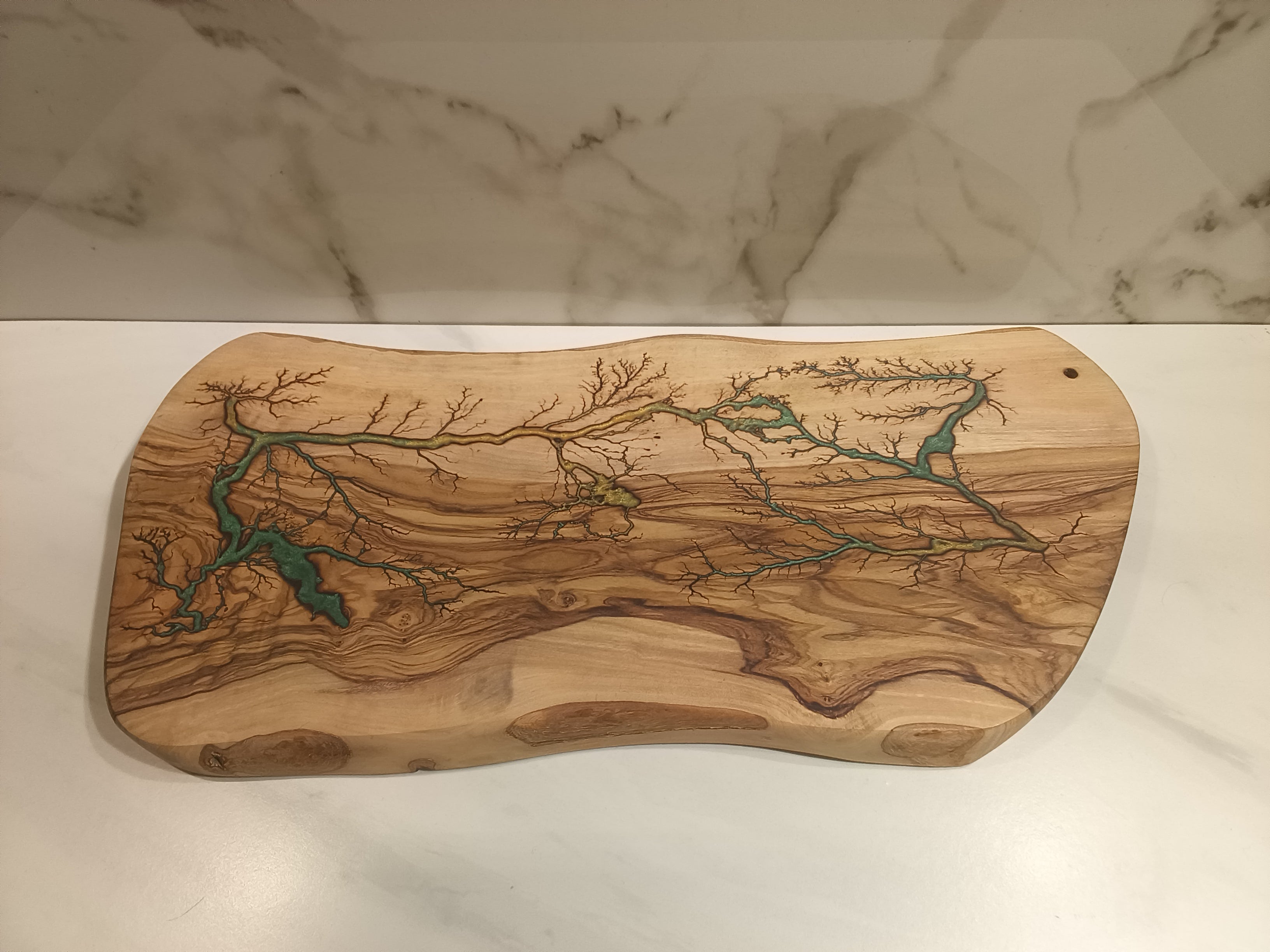 Fractal Lightning Burned Wood Charcuterie Board with Teal Resin